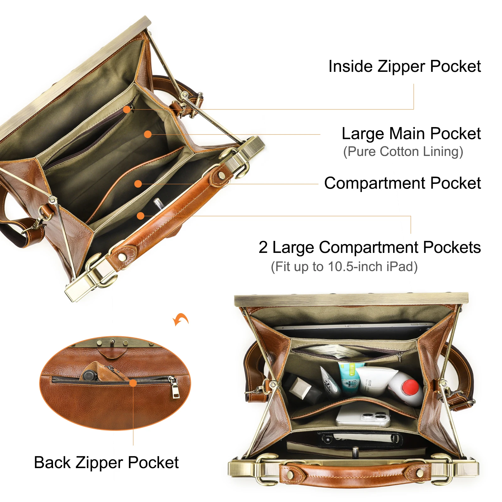 Vegetable Tanned Full Grain Genuine Leather Doctor Work Bag for Women Travel Handbags With Laptop Compartment for 10.5” Ipad