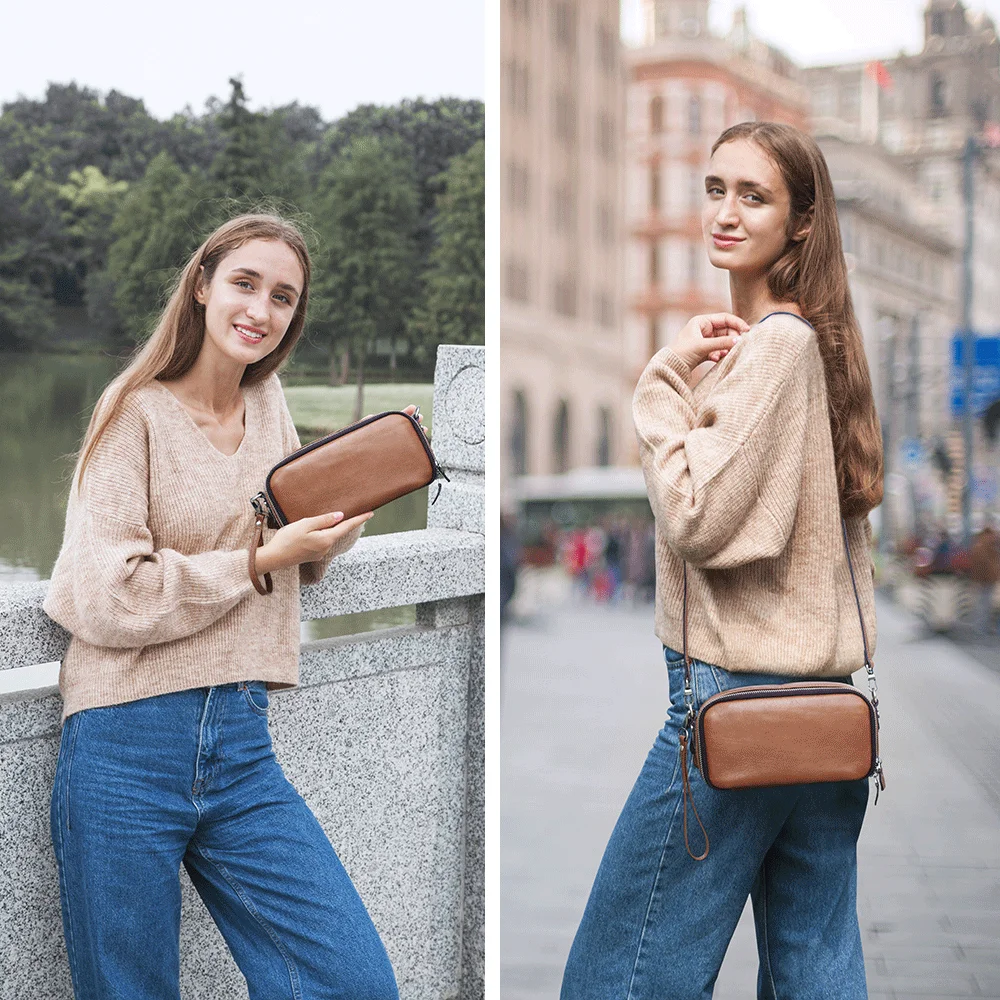 2026 Motorcycle Women's Off-Road Style Dual Zipper Genuine Leather RFID Wristlet Purse, Ladies Wristlet Small Crossbody Bag, Multi-Card Slot Compartment Design