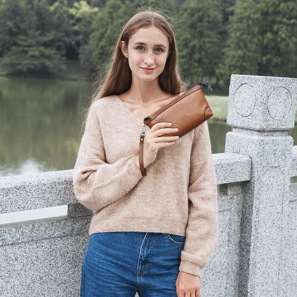 Contact's Genuine Leather RFID Clutch Handbag Purse for Women Convertible Multi-Compartment Wristlet Pouch Small Crossbody Bag