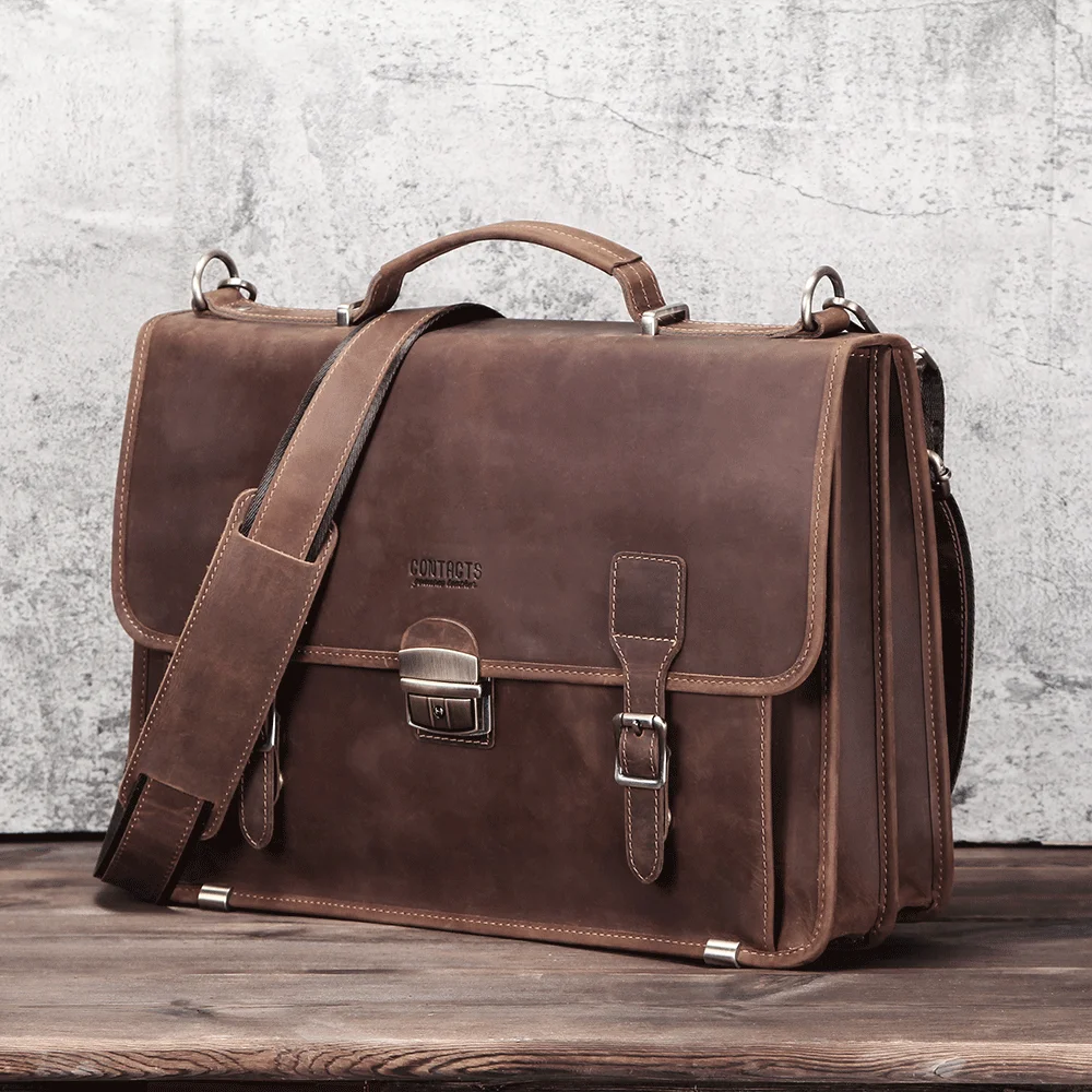 2026 Retro Brown Leather Travel Briefcase for Men, 14.2-inch Laptop Compartment, Expandable 12.9-inch iPad Sleeve.