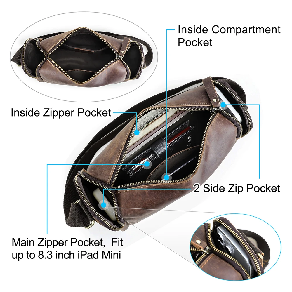 Men’s Everyday Carry Shoulder Bag With 2 Side Zipper Pockets Vintage Crazy Horse Genuine Leather Crossbody Bag for 8.3” Ipad