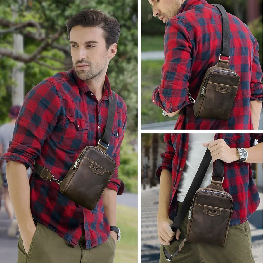 Contact's Custom Cowhide Genuine Leather Sling Bag Men Small Crossbody Chest Bags for 6.7 Inch Phone Passport Outdoor Daily Life