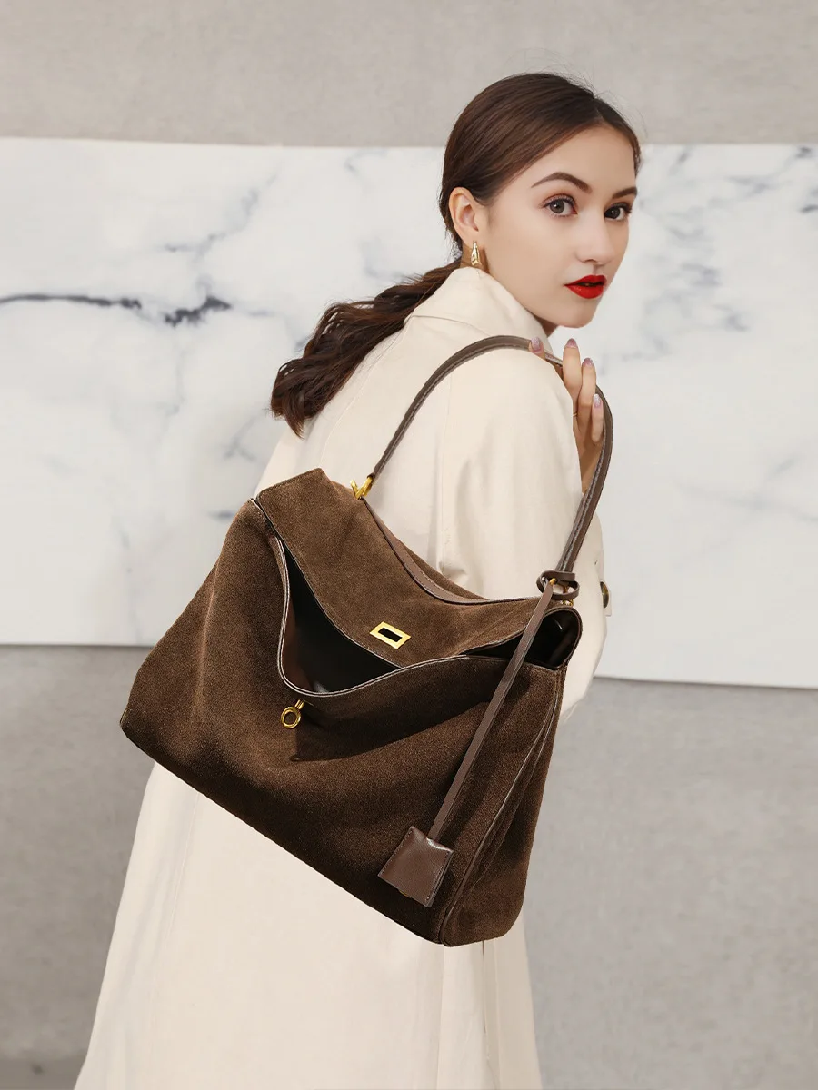 Fall Winter Suede Nubuck Leather Rodeo Tote Bag Spacious Top Grain Leather Shoulder Underarm Handbag Handheld Commuting Premium