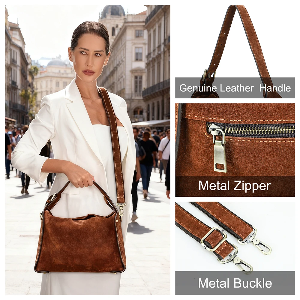 Minimalist 3-in-1 Real Suede Bag Convertible Genuine Cowhide Suede Handbag Crossbody Shoulder Bag for Women Detachable Strap