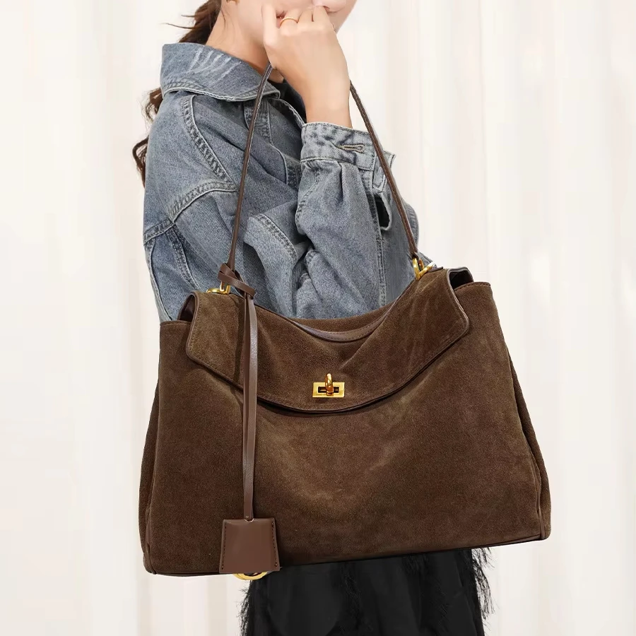 Fall Winter Suede Nubuck Leather Rodeo Tote Bag Spacious Top Grain Leather Shoulder Underarm Handbag Handheld Commuting Premium