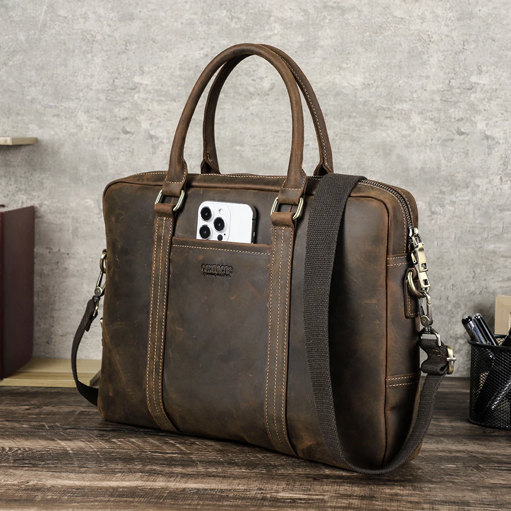 Notebook bag, retro cowhide men's office computer briefcase.
