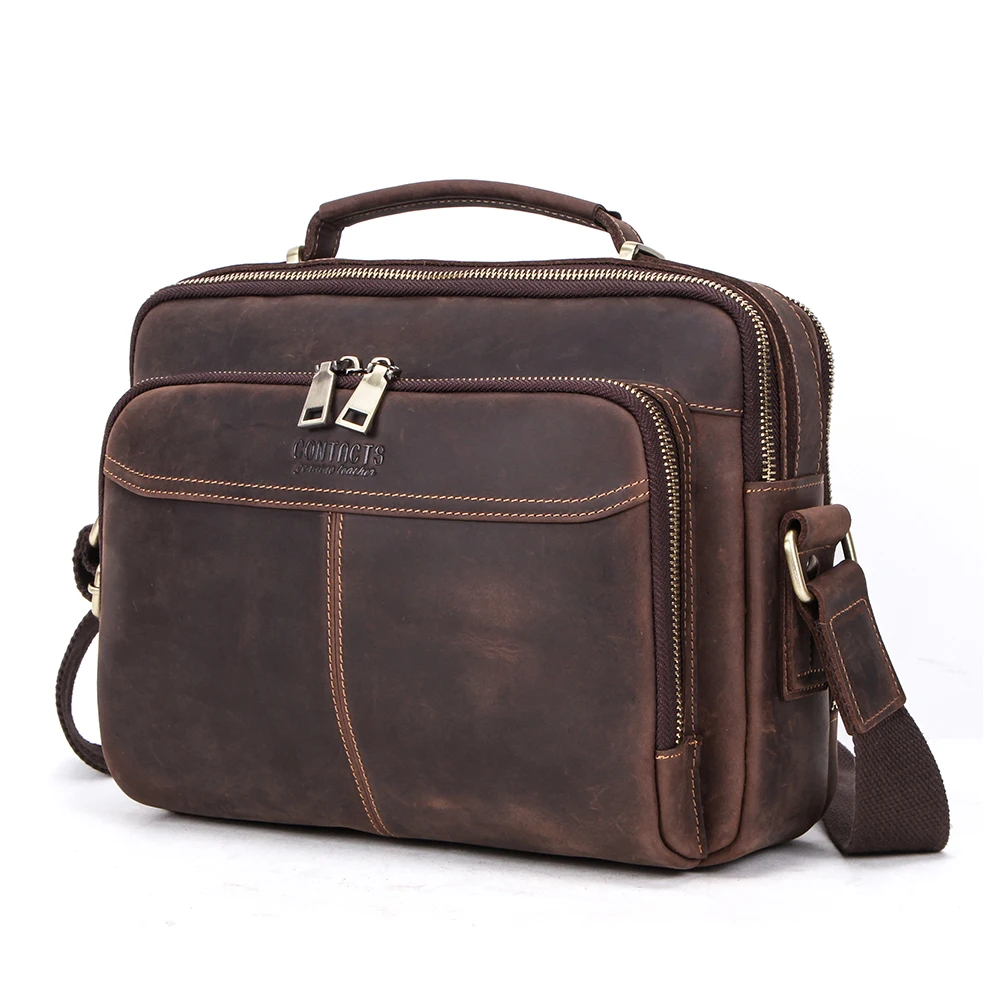 2026 Retro Large Capacity Messenger Bag, multiple zipper design, equipped with card slots and pen loops, suitable for 9.7-inch iPad, genuine leather crossbody satchel for men.