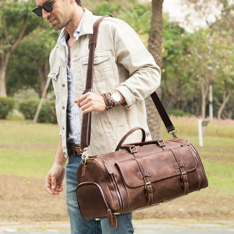 2026 Retro Cowhide Travel Shoulder Crossbody Luggage Bag Large Capacity Genuine Leather Retro Bag Men’s Version