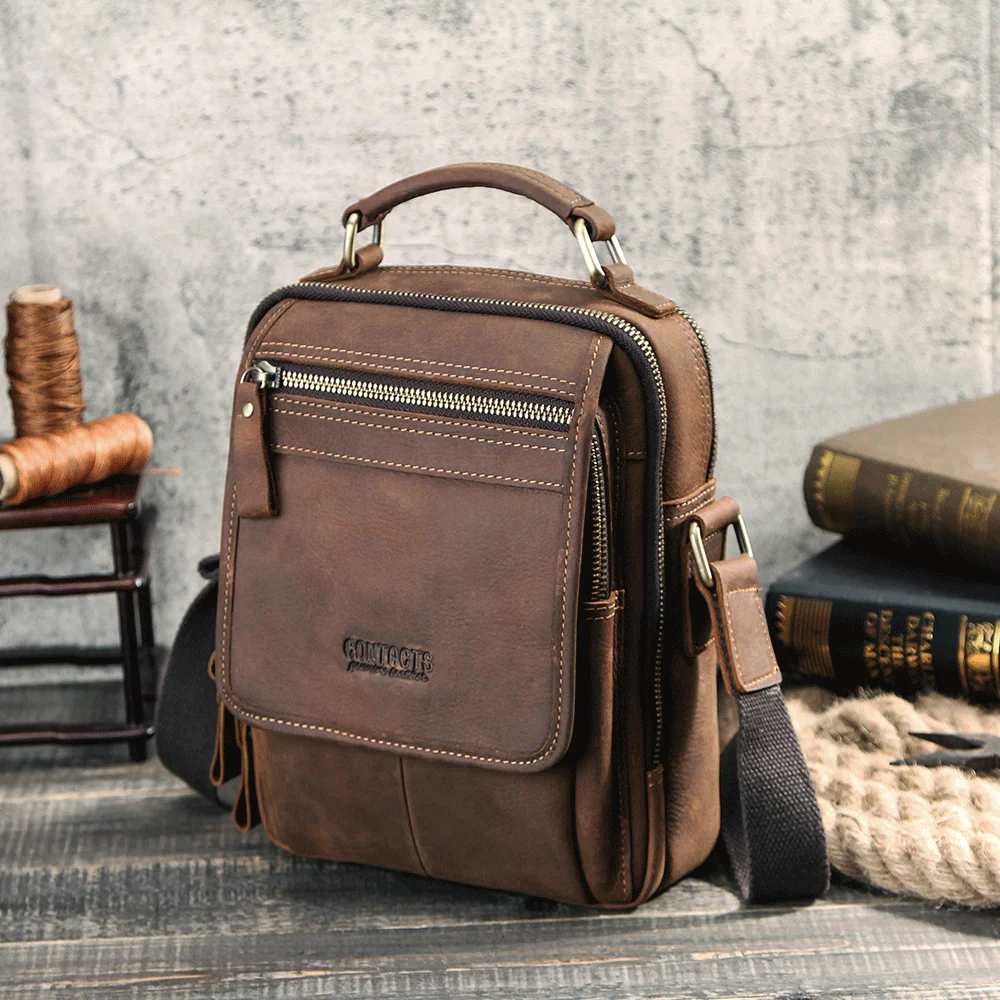 2026 Men's Motorbike Off-Road Bag, Crafted from Genuine Leather, Featuring Multiple Zippered Pockets, a Compact Crossbody Shoulder Bag