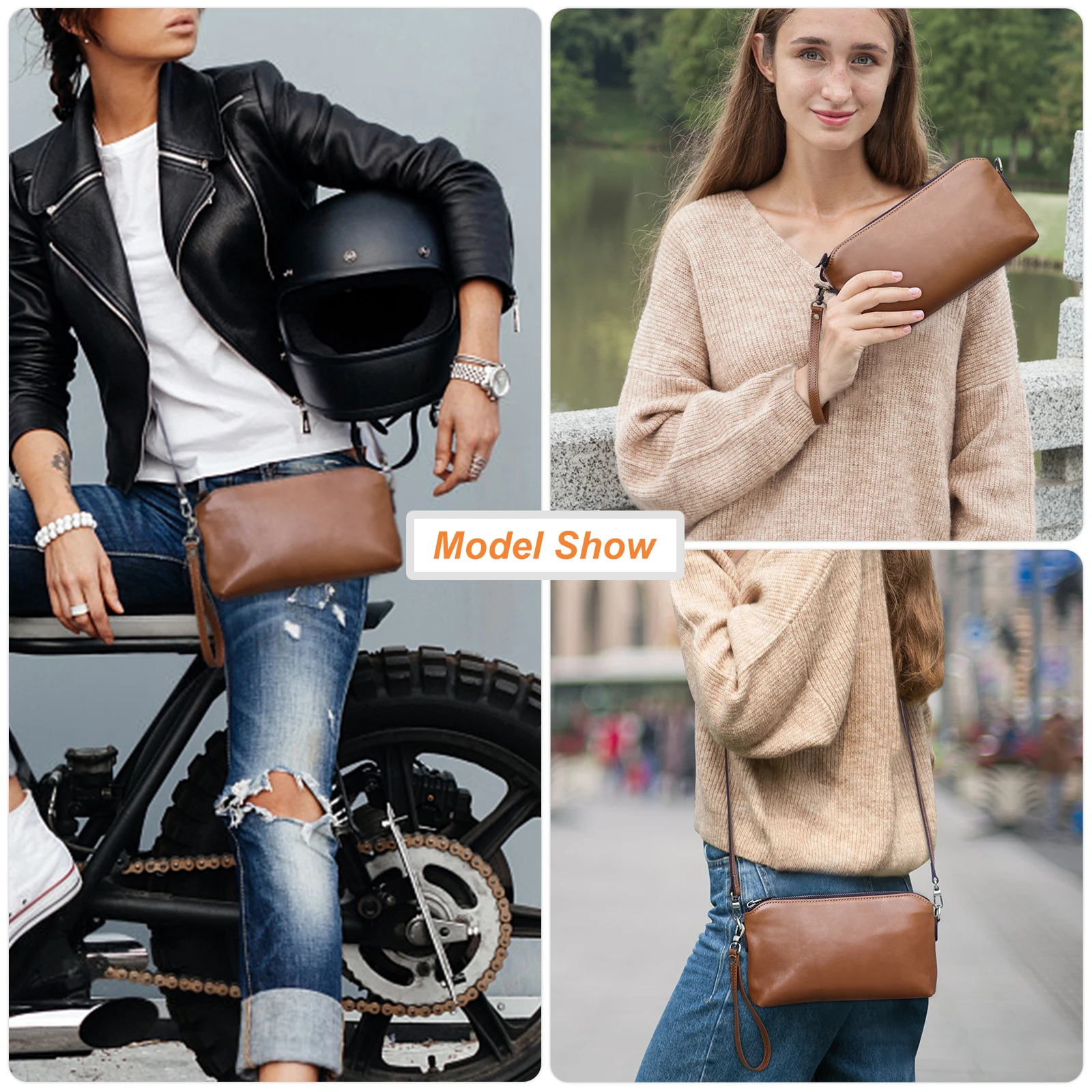 2026 Motorcycle Off-Road Genuine Leather Women's RFID Anti-Theft Clutch Bag with Wrist Strap, Dual-Zip Crossbody Small Bag