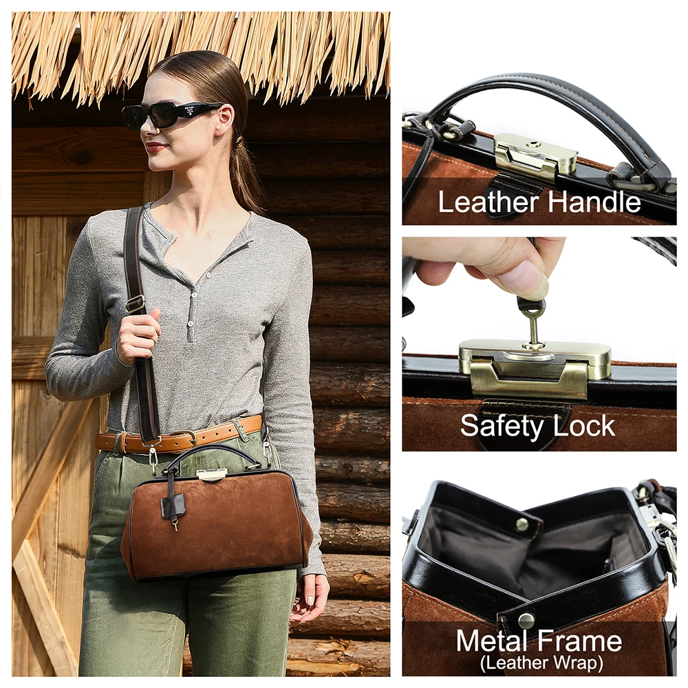 2026 Retro Brown Suede Lady Doctor's Bag Anti-Theft Crossbody Handbag Top Lock Genuine Leather