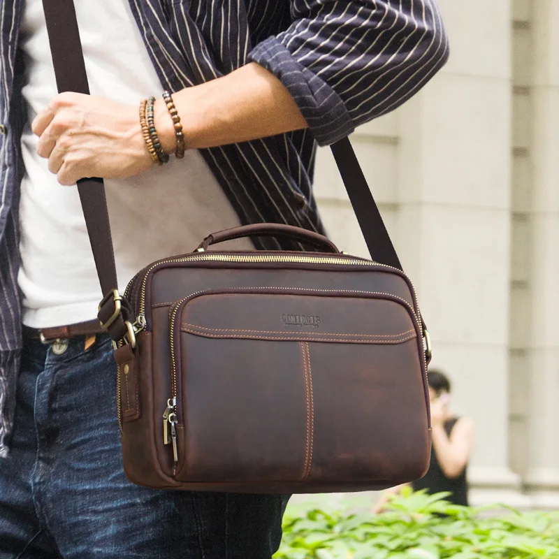 2026 Men's Retro Cowhide 10.5-inch Shoulder Crossbody Bag, Multi-Functional Genuine Leather Waterproof.