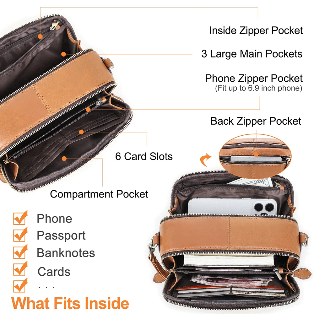 2026 Motorcycle Women’s Off-Road Style Dual Zipper Genuine Leather RFID Wristlet Purse, Ladies Wristlet Small Crossbody Bag, Multi-Card Slot Compartment Design