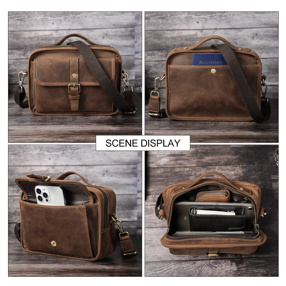 2026 Men’s Genuine Leather Messenger Bag, 7.9-inch iPad Mini Crossbody Shoulder Convertible Handbag