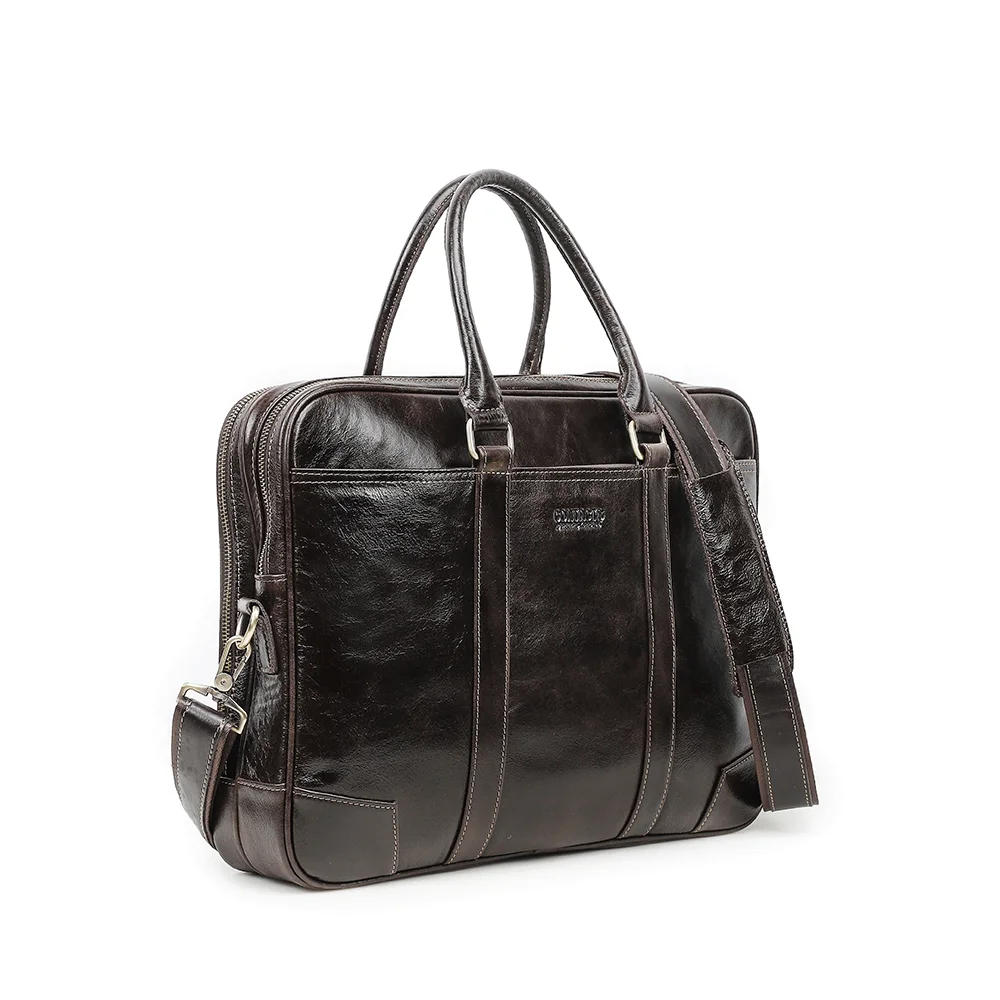 Contact's Full Grain Oil Genuine Leather Laptop Briefcase Bags for Men Office 14.2'' Business Laptop Bag Mutli-Compartment