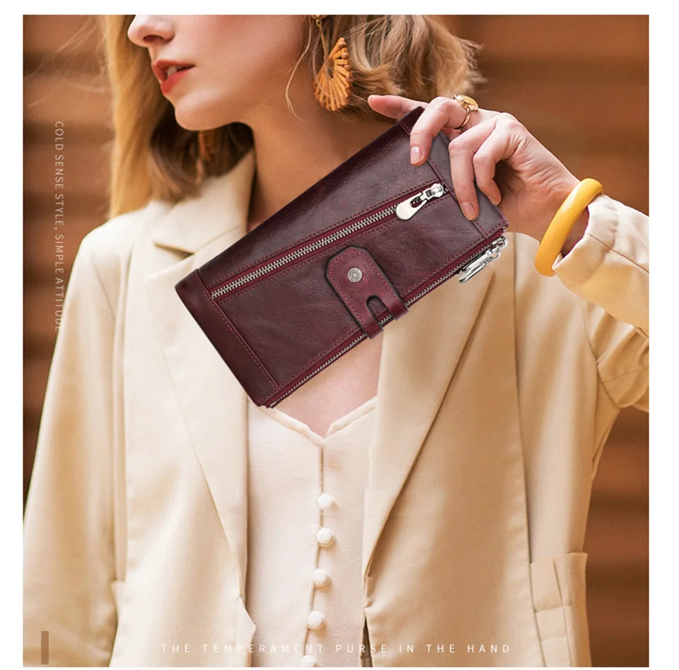 Unisex Vintage Triple Zippered Genuine Leather RFID Long Wallets Polyester Lining Long Wallet Card Holder Phone Wallet 2026