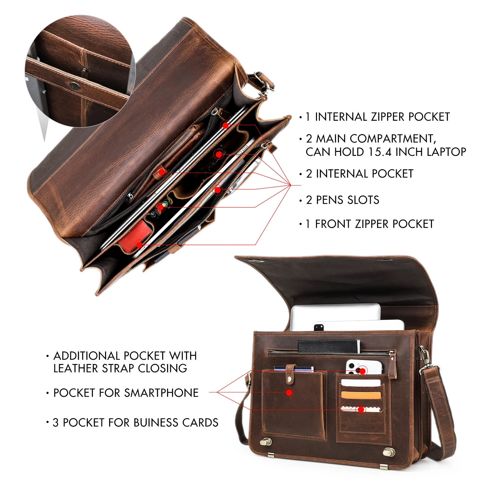 2026 Men’s Genuine Leather Laptop Bag, Office Professional Men’s Business Crazy Horse Leather Travel Briefcase