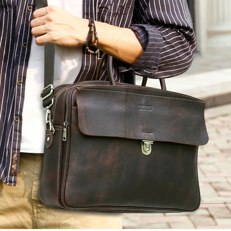 2026 Black Angel Retro Crazy Horse Leather Laptop Bag Multi-Functional Dual-Use Crossbody Business Briefcase