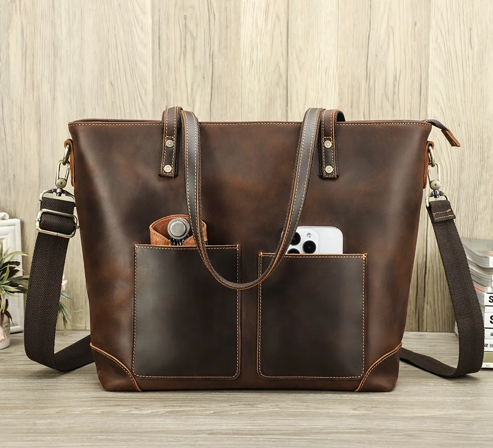 Unisex Multi- Pocket Large Leather Laptop Tote Bag for Women Men 14.2'' Laptop Handbag Genuine Leather With Zipper Closure