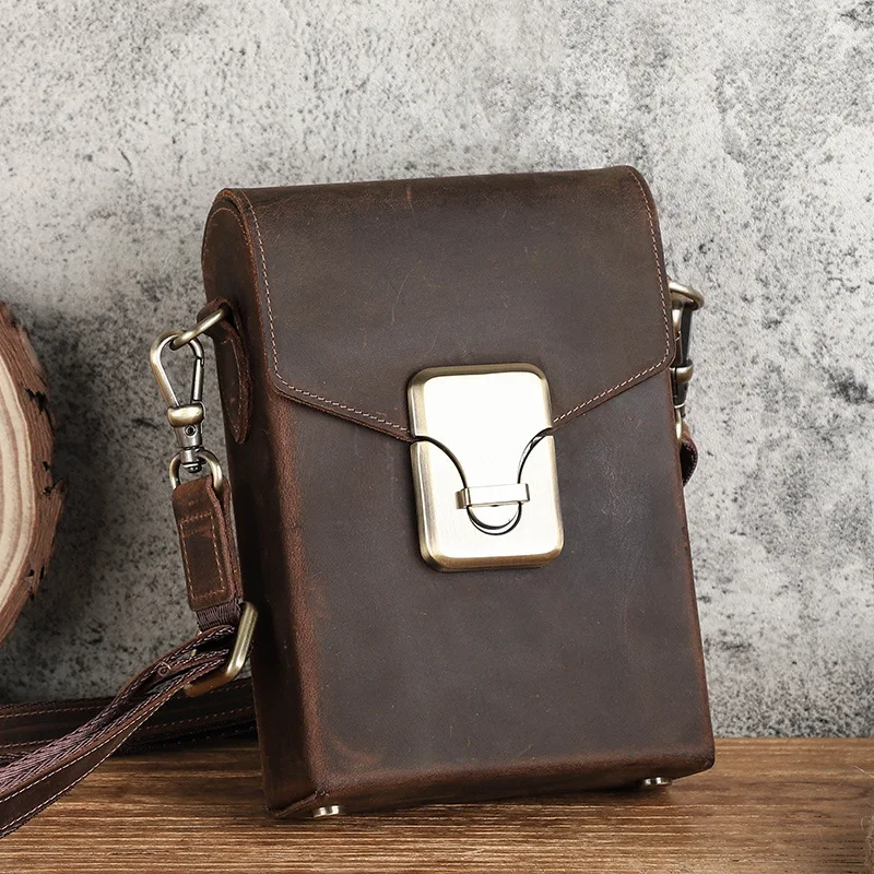 Vintage Crazy Horse Genuine Leather Crossbody Phone Pouch Bag for Men Mobile Phone Shoulder Bag Push Locks Clasp Button