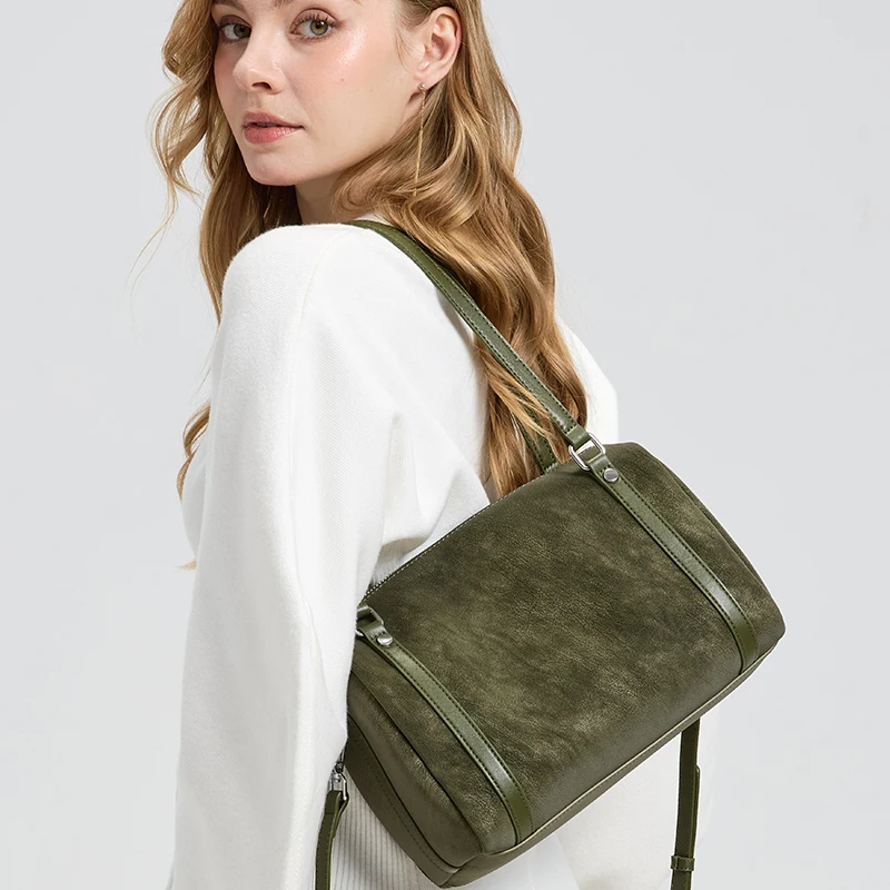 2026 Fashion Leisure Suede Women’s Single-Shoulder Bag Genuine Leather Golf Boston Tote with Zipper Cotton Lining for Ladies