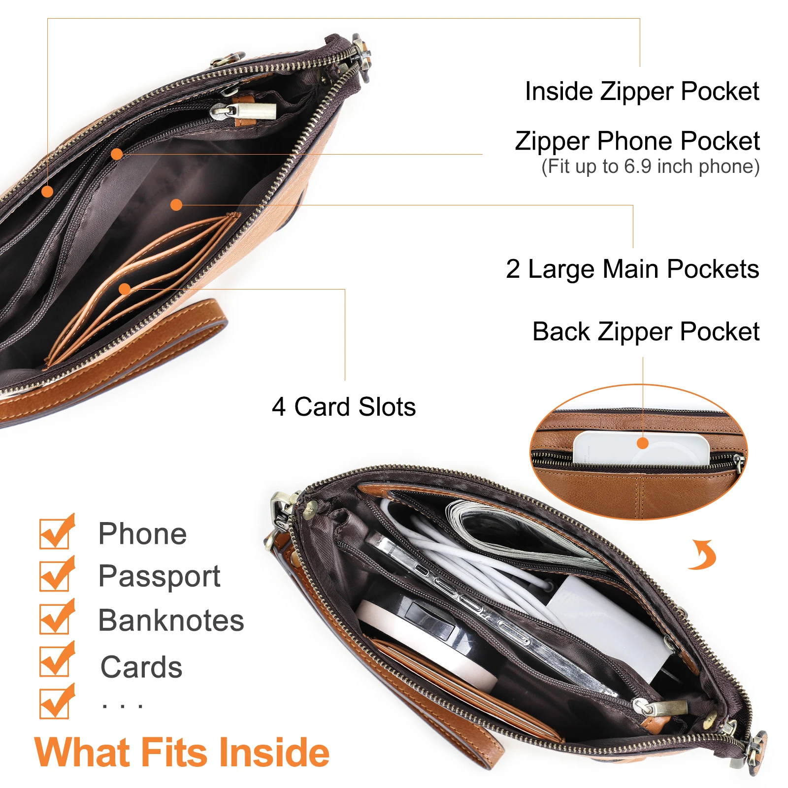 Contact’s Genuine Leather RFID Clutch Handbag Purse for Women Convertible Multi-Compartment Wristlet Pouch Small Crossbody Bag