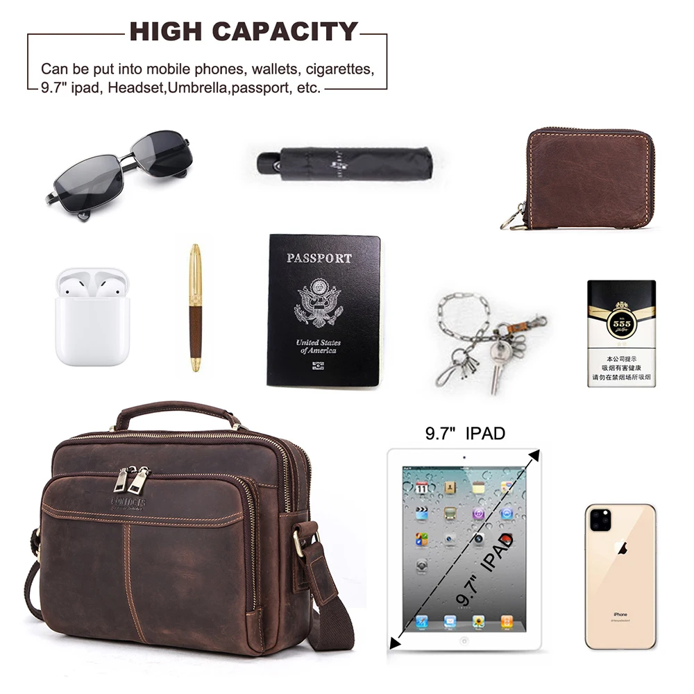 2026 Retro Large Capacity Messenger Bag, multiple zipper design, equipped with card slots and pen loops, suitable for 9.7-inch iPad, genuine leather crossbody satchel for men.