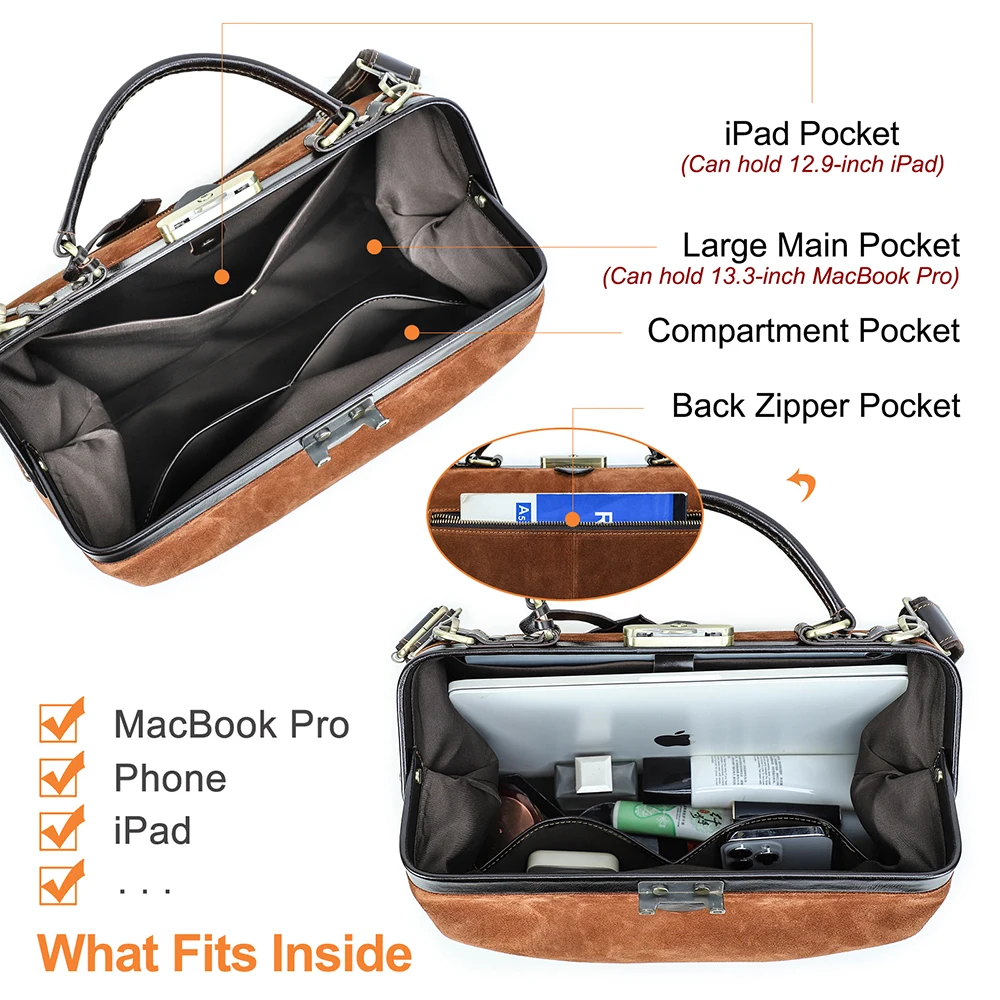 Oversized Two-Tone Doctor Bag Vintage Genuine Cowhide Leather Suede Messenger Bag for Women 13.3” Macbook Pro Autumn Winter