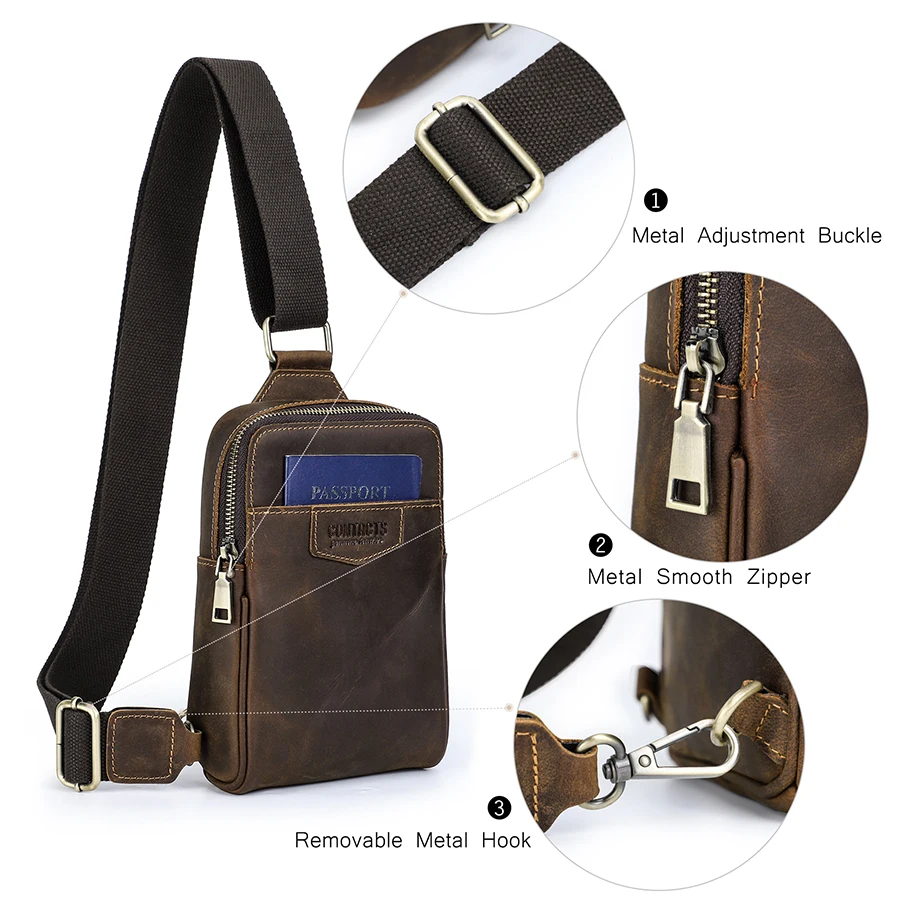 Contact’s Custom Cowhide Genuine Leather Sling Bag Men Small Crossbody Chest Bags for 6.7 Inch Phone Passport Outdoor Daily Life