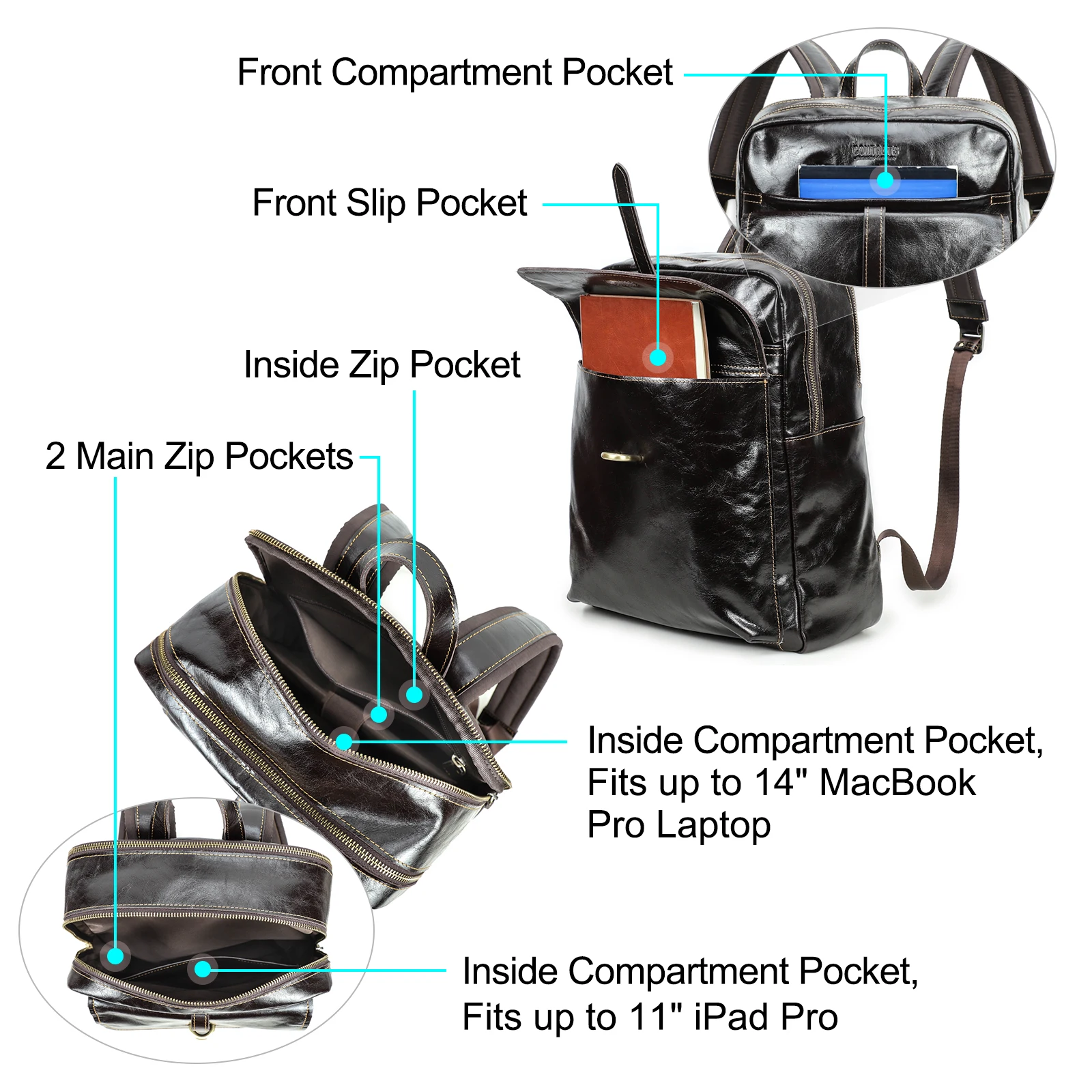 Mens Anti-Theft Genuine Leather 14″ Laptop Backpack Bags Full Grain Oil Leather Travel Backpack Rucksack for Men With Coded Lock