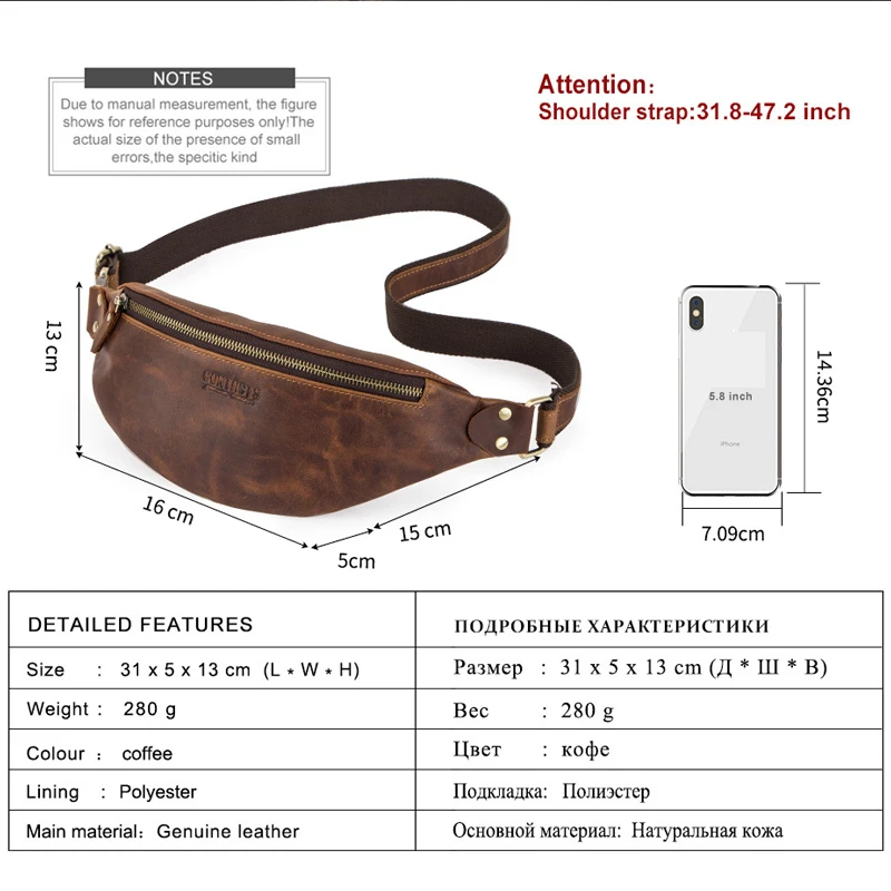 New Fashion Retro Black Genuine Leather Multifunctional Waterproof Fanny Pack Crossbody Bag Waist Bag for Men