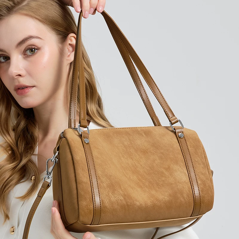 2026 Fashion Leisure Suede Women's Single-Shoulder Bag Genuine Leather Golf Boston Tote with Zipper Cotton Lining for Ladies