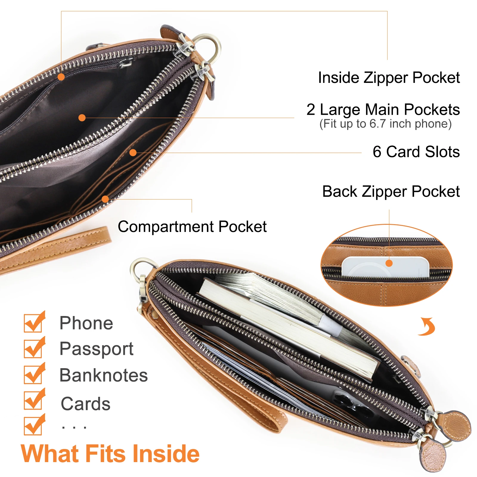 2026 Motorcycle Off-Road Genuine Leather Women’s RFID Anti-Theft Clutch Bag with Wrist Strap, Dual-Zip Crossbody Small Bag