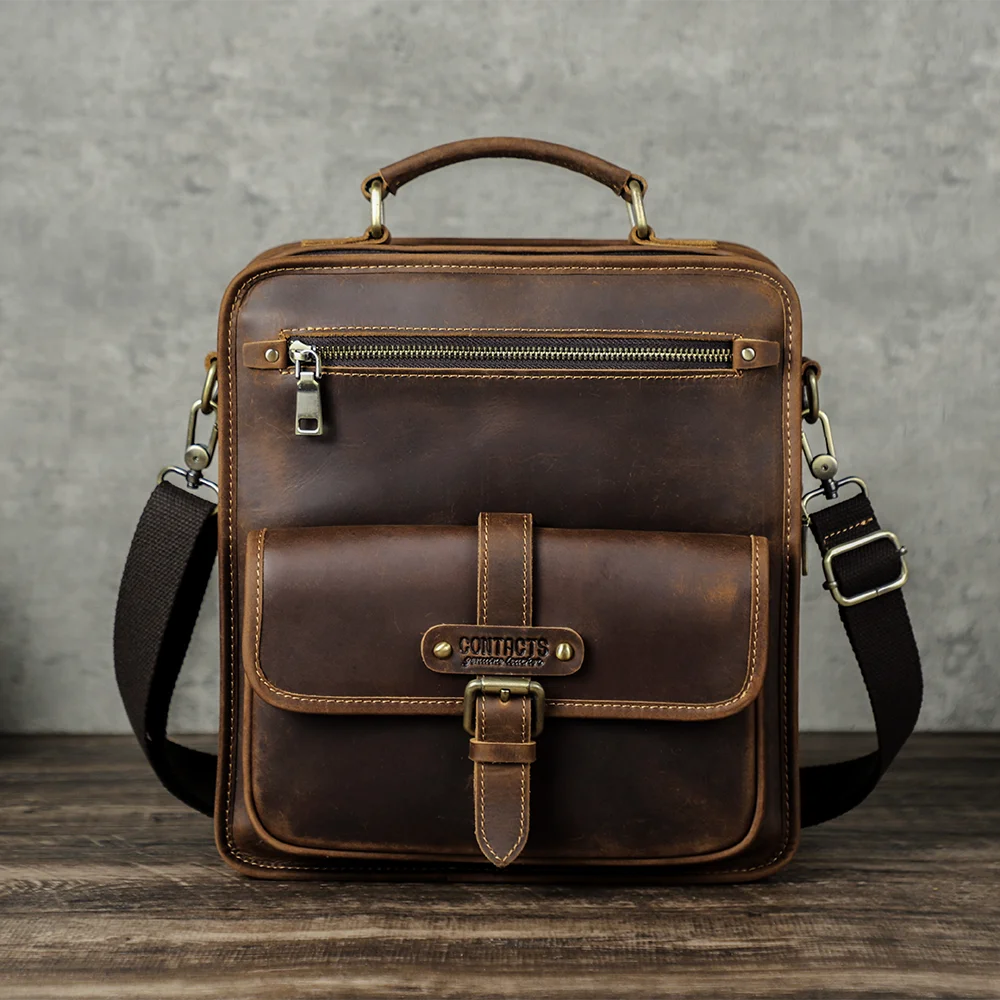 2026 Retro Crazy Horse Leather Flat Messenger Bag, Compatible with 12.9-inch iPad, Men's Crossbody Shoulder Bag, Large Capacity