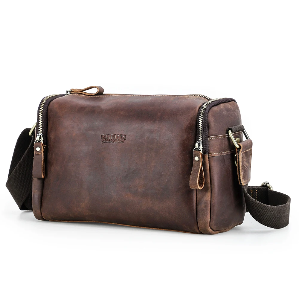 Men's Everyday Carry Shoulder Bag With 2 Side Zipper Pockets Vintage Crazy Horse Genuine Leather Crossbody Bag for 8.3'' Ipad