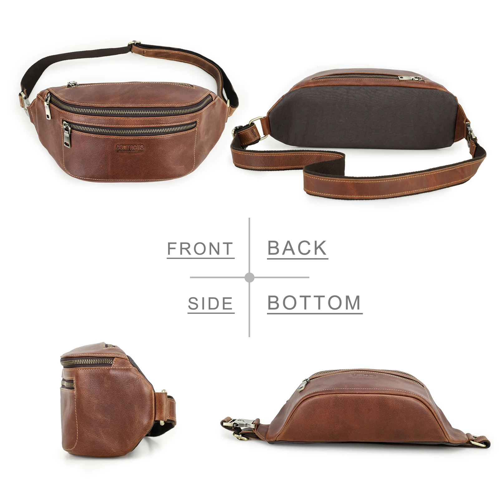 2026 Trendy Motorbike Off-Road Style Genuine Leather Waist Bag for Men, Crossbody Chest Pack with Multiple Zipper Pouches