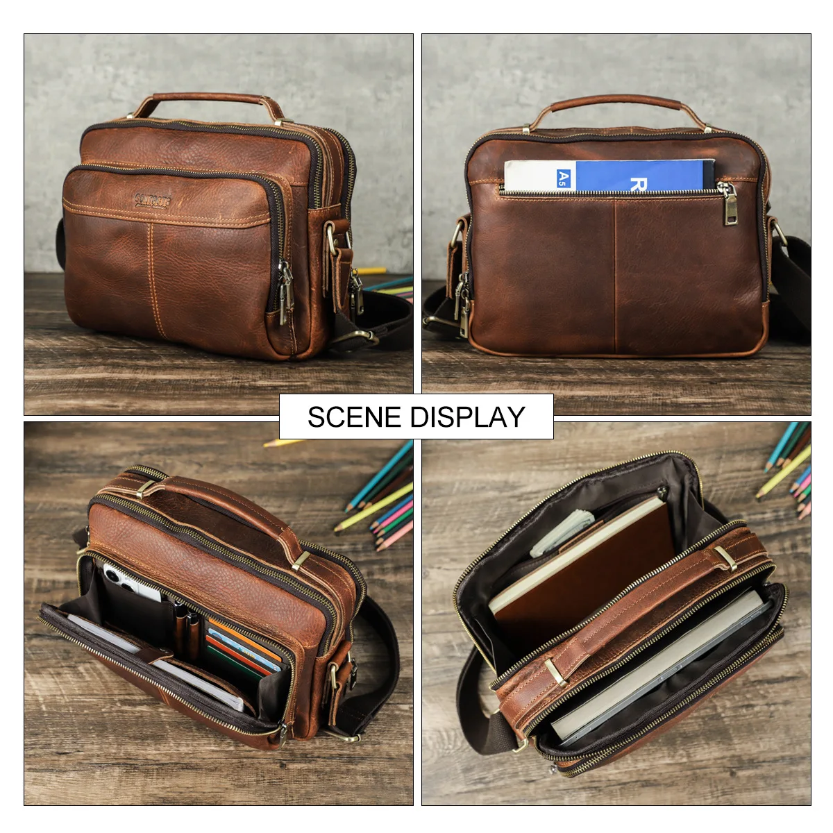 2026 Men’s Retro Cowhide 10.5-inch Shoulder Crossbody Bag, Multi-Functional Genuine Leather Waterproof.