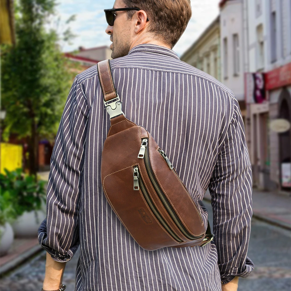 2026 Trendy Motorbike Off-Road Style Genuine Leather Waist Bag for Men, Crossbody Chest Pack with Multiple Zipper Pouches