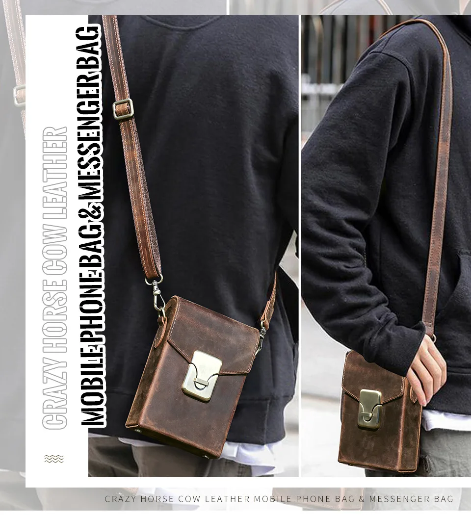 Vintage Crazy Horse Genuine Leather Crossbody Phone Pouch Bag for Men Mobile Phone Shoulder Bag Push Locks Clasp Button