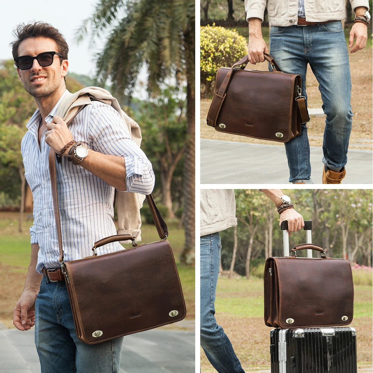 2026 Men's Genuine Leather Laptop Bag, Office Professional Men's Business Crazy Horse Leather Travel Briefcase