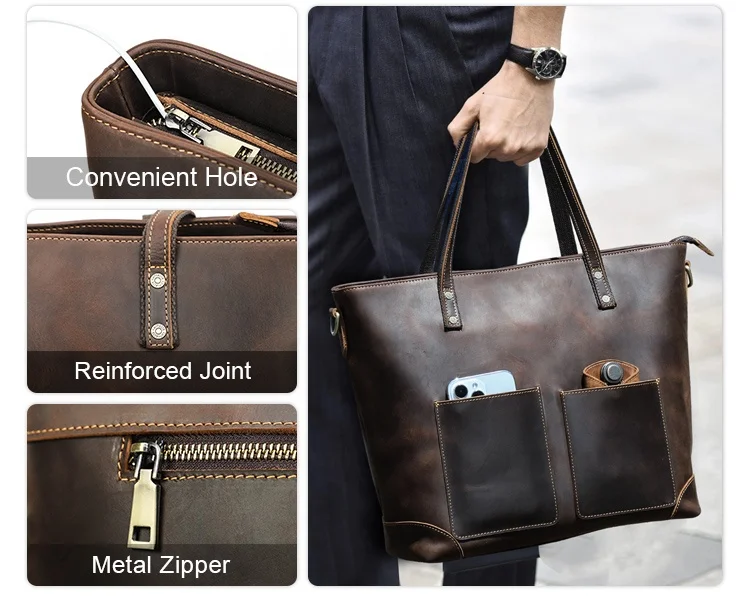 Unisex Multi- Pocket Large Leather Laptop Tote Bag for Women Men 14.2” Laptop Handbag Genuine Leather With Zipper Closure