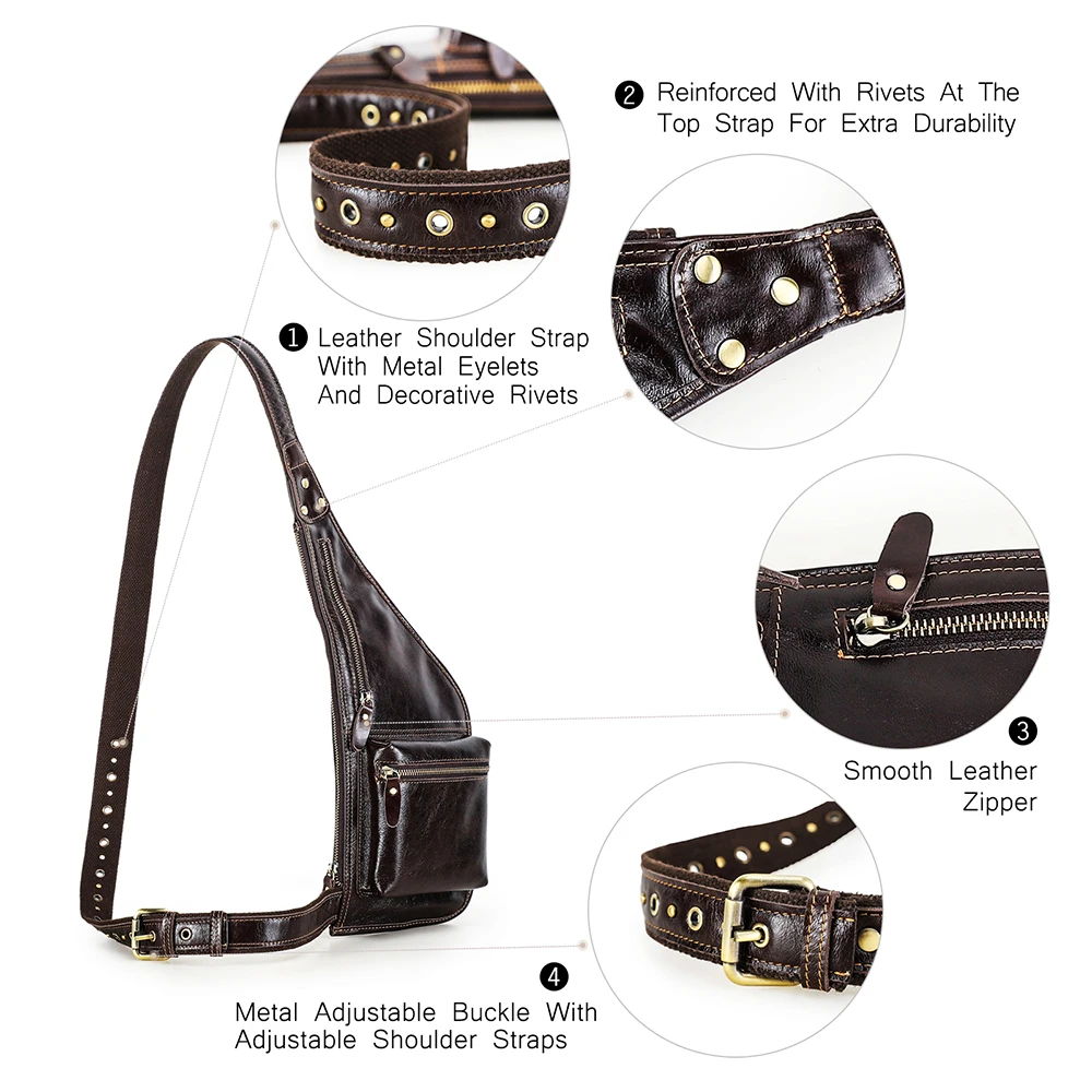 2026 Motorcycle-Style Off-Road Wax Leather Men’s Chest Bag, Featuring Metal Snap Buttons and Rivets, Multi-Zip Waist Crossbody Bag
