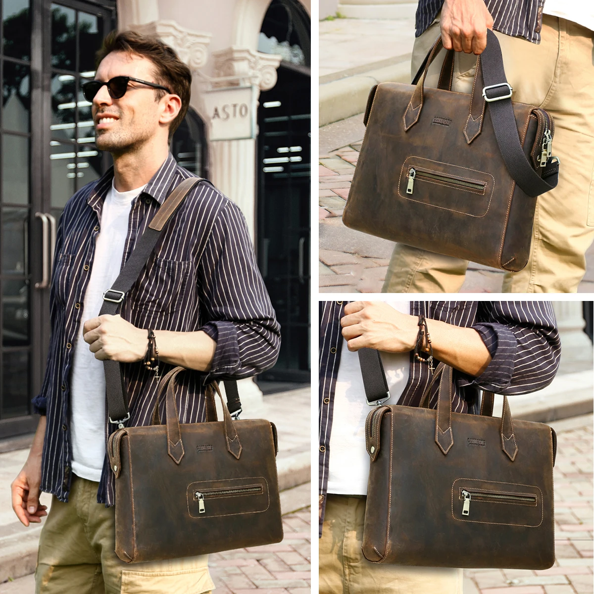 Vintage Mens Genuine Leather 13.3'' Laptop Briefcase Soft Bag with Detachable Adjustable Shoulder Strap for Travel Business Use