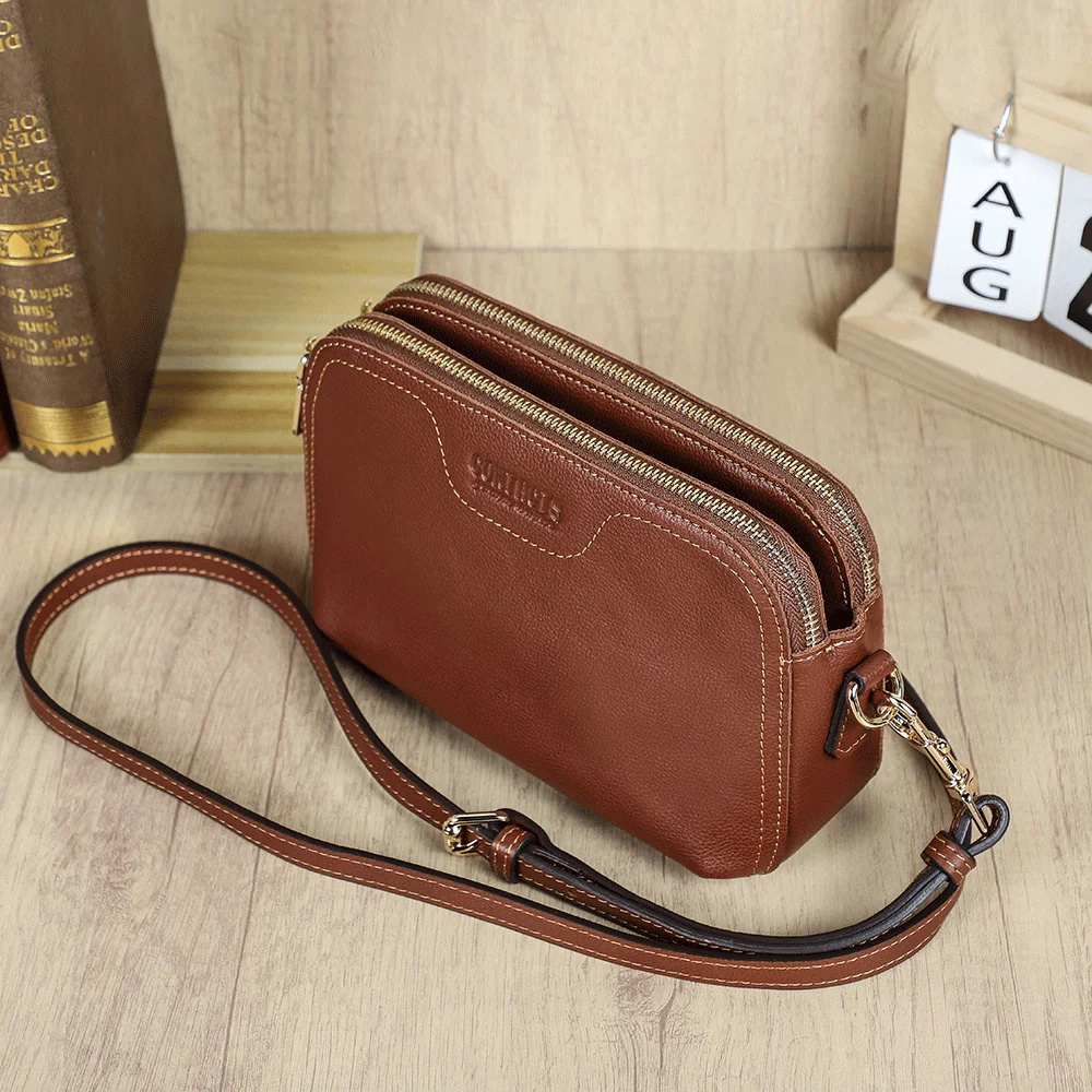 Multi-Zipper Full Grain Genuine Leather Crossbody Bag for Women Elegant Ladies Caramel Crossbody Purse Multi-Compartment Pockets
