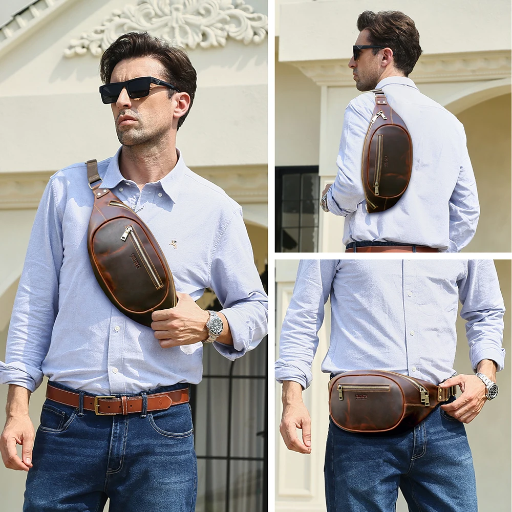 2026 Motorcycle Off-Road Classic Genuine Leather Men's Rear Bag - Convertible Crossbody/Waist Bag with Quick-Release Buckle Waist Pack