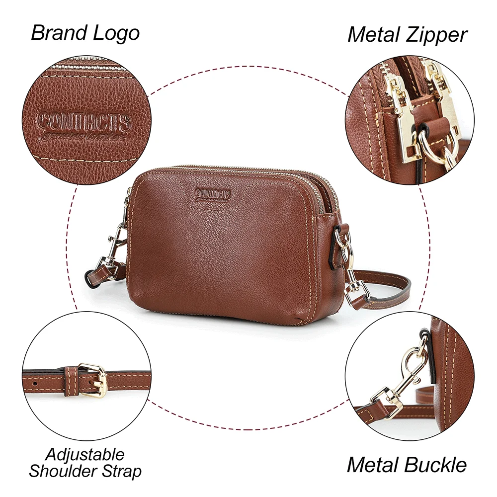 Multi-Zipper Full Grain Genuine Leather Crossbody Bag for Women Elegant Ladies Caramel Crossbody Purse Multi-Compartment Pockets