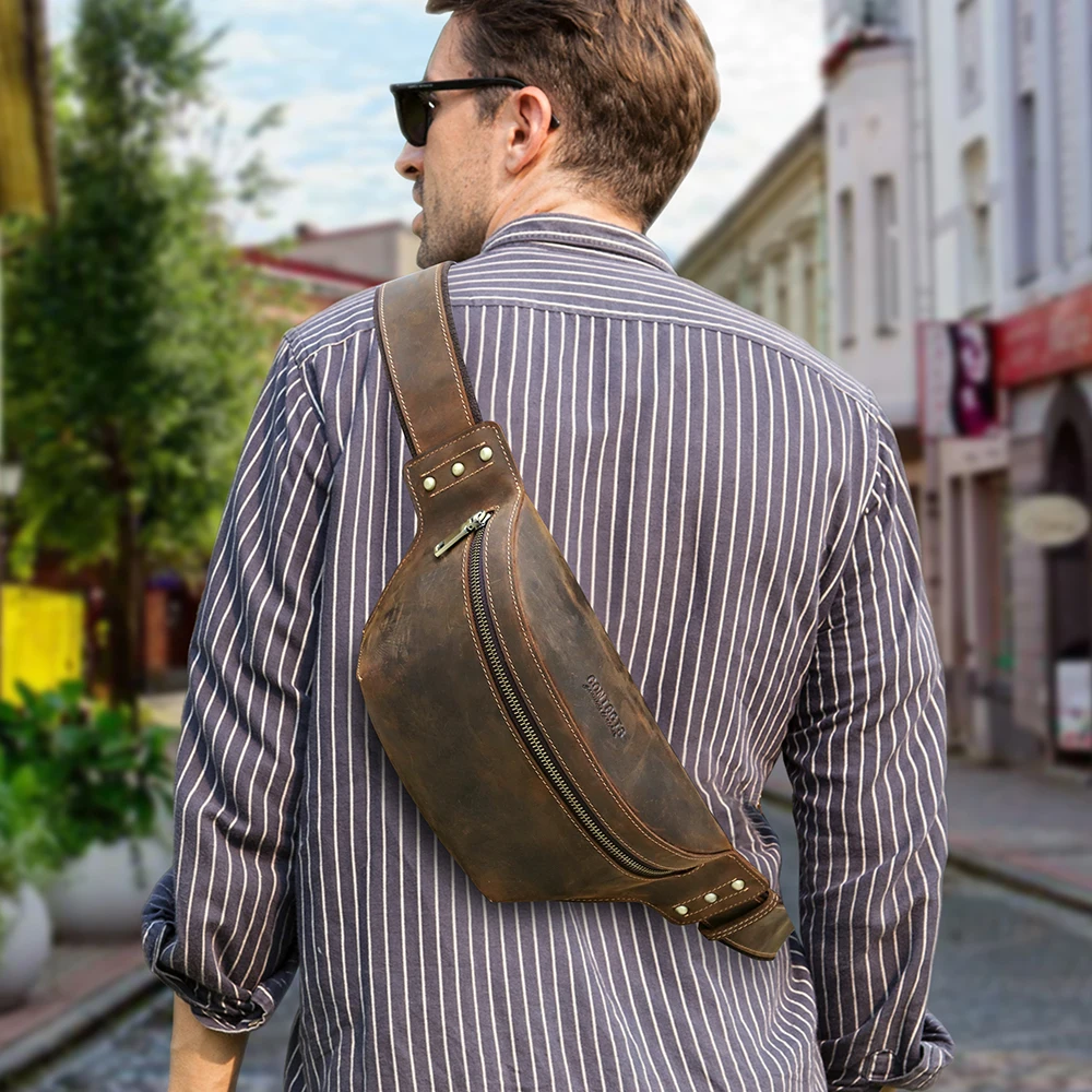 Retro Leather Waist Bag, Men's Crossbody Front Bag, Minimalist Crazy Horse Leather Men's Belt Bag with Wide Shoulder Strap