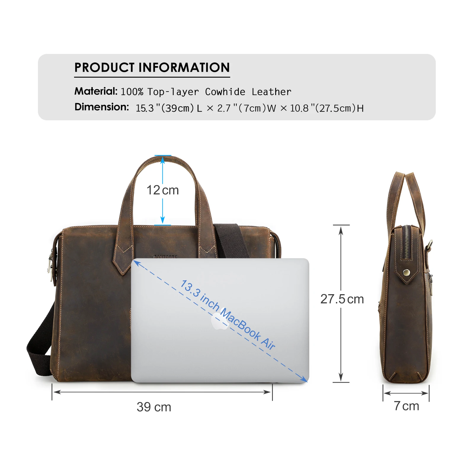 Vintage Mens Genuine Leather 13.3” Laptop Briefcase Soft Bag with Detachable Adjustable Shoulder Strap for Travel Business Use